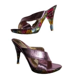 Vtg Y2K Selina Pink Metallic Faux Leather Color Block Clear Heel Mule Sandal 7.5